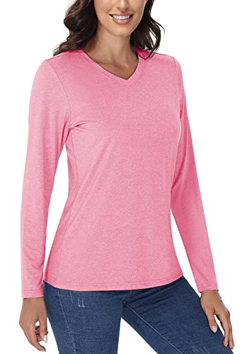 TACVASEN Damen Sportshirt Lässig Langarm Sonnenschutz Shirt Jogging V-Ausschnitt Trainingsshirt Leicht Langarmshirt, Rosa, XXL von TACVASEN