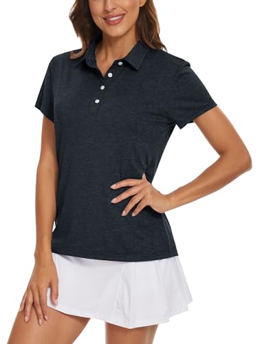 TACVASEN Damen Sportshirts Kurzarm T-Shirts Atmungsaktiv Poloshirts Golf Polohemd Top Sommershirts, Schwarz von TACVASEN