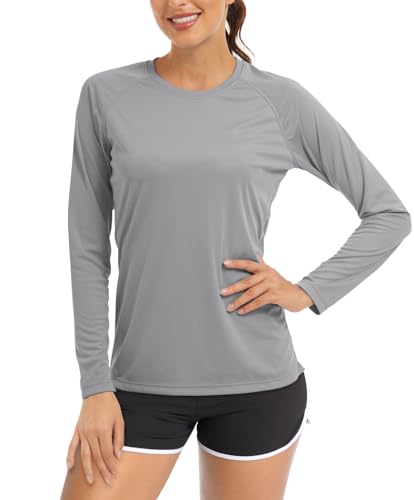 TACVASEN Damen Langarm UV-Schutz Schnelltrocknend Schwimmen Sommer Laufen Sonnenschutz Rashguard Trekking T-Shirt (L, Hellgrau) von TACVASEN