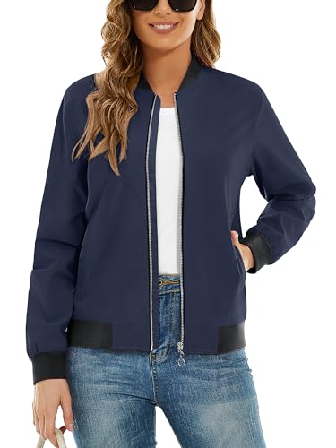 TACVASEN Damen Sweatjacke Leichte Bomberjacke Sport Sommer Jacket College Fliegerjacke Ladies Langarm (XL, Marineblau) von TACVASEN