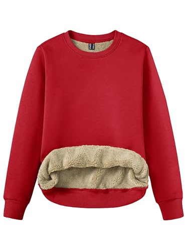 TACVASEN Damen Sweatshirt Elegant Langarmshirt Crew Neck Winter Fleecepullover Warm Casual Obertril Basic Tops Bluse Tomate Rot, L von TACVASEN