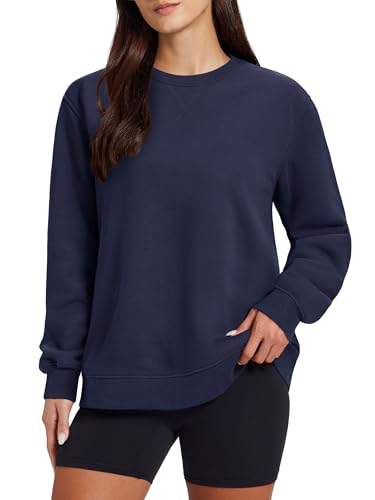 TACVASEN Damen Sweatshirt Langarm Fleece gefüttert Langarmshirt Pullover einfarbiger Rundhalsausschnitt Oberteil Ohne Kapuze(Dunkelblau, M) von TACVASEN