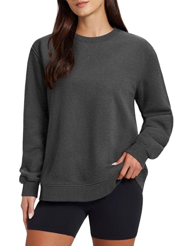 TACVASEN Damen Sweatshirt Langarm Fleecepullover Rundhals einfarbiger Baumwolle Pulli Ohne Kapuze Warme Bekleidung für Herbst Winter(Dunkelgrau, S) von TACVASEN