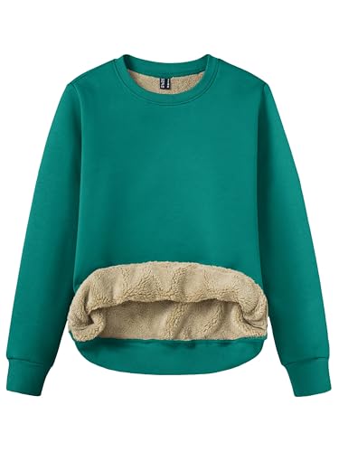TACVASEN Damen Sweatshirt Pullover Rundhals Langarmshirt Baumwolle Pulli Ohne Kapuze Casual für Herbst Winter mit Fleece Gefüttert Grün M von TACVASEN