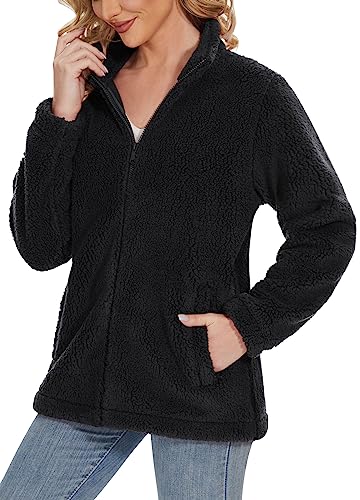 TACVASEN Damen Teddy Fleece Sweatjacke Übergangsjacke Herbstjacke Casual Freizeitjacke Warme Pullover, Schwarz, L von TACVASEN