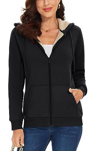 TACVASEN Damen Thermo Fleecejakce Kapuzenpulli Sweatjacke Sport Hoodie Winter Gefüttert Warm Jacke mit Taschen, Schwarz, L von TACVASEN