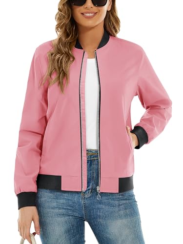 TACVASEN Damen Übergangsjacke Sommer Leicht Blouson Casual Jacket Sweatjacke Jogging Trainingsjacke (L, Rosa) von TACVASEN