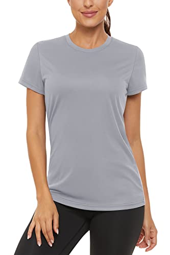 TACVASEN Damen UPF 50+ Einfarbig Shirts Laufshirt Schnelltrocknende Sport Kurzarm Funktionsshirt (XXL, Hellgrau) von TACVASEN