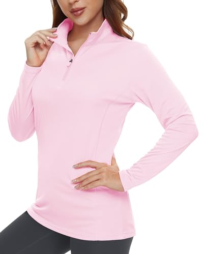 TACVASEN Damen UPF 50+ Rash Guard Langarm Atmungsaktiv Langarmshirts Leicht Sweatshirt mit 1/4 Reißverschluss (S, Rosa) von TACVASEN