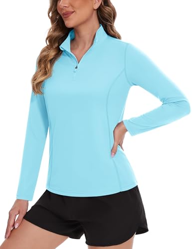 TACVASEN Damen UPF 50+ Wandershirt 1/4 Zip Surf Shirt Longsleeve Sommershirt Running Top Outdoor Hemd (M, Seeblau) von TACVASEN