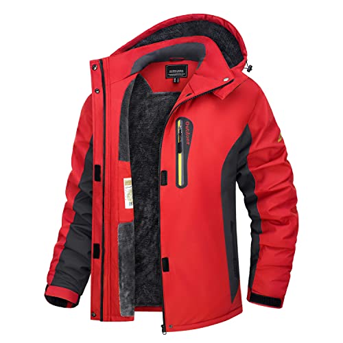 TACVASEN Damen Skijacke Wasserdichte Warm Winterjacke Atmungsaktiv Outdoor Softshelljacke Fleece Funktionsjacke mit Abnehmbare Kapuzen Rot M von TACVASEN