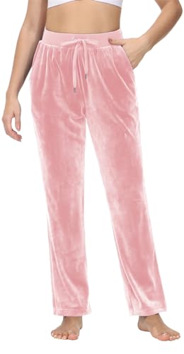 TACVASEN Damen Winterhose Thermo Fleecehose Atmungsaktiv Trainingshose Straight Leg Sweathose mit 2 Taschen (XL, Rosa) von TACVASEN