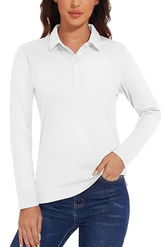 TACVASEN Fitnessshirt Damen Langarm Atmungsaktiv Poloshirt UV Schutzkleidung T-Shirt UPF 50+ Sportshirt mit Knopfleiste (XXL, Weiß) von TACVASEN