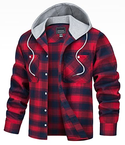 TACVASEN Flanellhemd Herren Frühlings Weich Kapuzenhemd Baumwolle Lumberjacket Arbeitshemd Kapuzenjacke für Männr (Rot, S) von TACVASEN