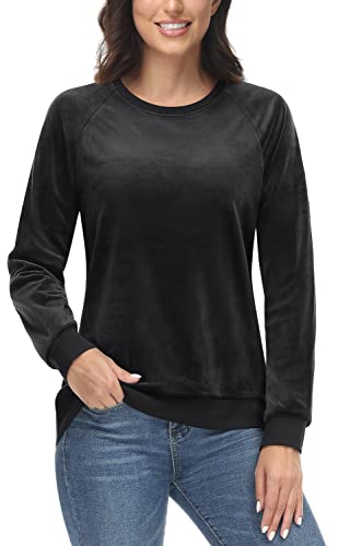 TACVASEN Fleece Pullover Damen Warm Winter Sweatshirt Langarm Shirt Weich Sweater mit Rundhalsausschnitt, Schwarz, XL von TACVASEN