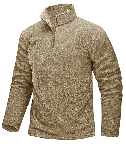 TACVASEN Fleece Pullover Herren Half Zip Langarm Funktionsshirt Warm Wanderpullover Atmungsaktiv Sport Shirt (XL, Khaki) von TACVASEN