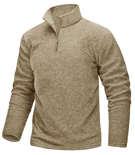 TACVASEN Fleece Pullover Herren Half Zip Langarm Funktionsshirt Warm Wanderpullover Atmungsaktiv Sport Shirt (XL, Khaki) von TACVASEN