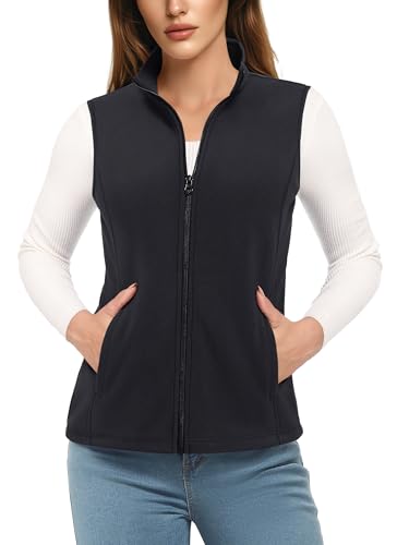 TACVASEN Fleece Vest Damen Leicht Ärmellos Jacke Warm Fleeceweste Standkragen mit Reißverschlusstaschen Sportweste Schwarz M von TACVASEN