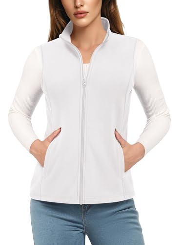TACVASEN Fleecejacke Damen Ärmellos Weste mit Taschen Reißverschluss Warm Fleece Vest Soft Gilets für Frauen Herbst Weiß L von TACVASEN