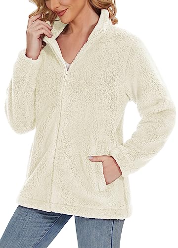 TACVASEN Fleecejacke Damen Winterjacke Sweat Kuscheljacke Langarm Damenjacke Freizeitjacke Warm für Frauen, Beige, S von TACVASEN