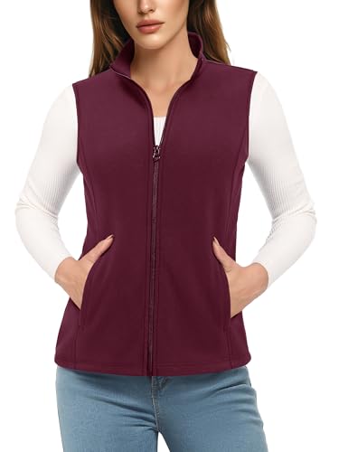 TACVASEN Fleeceweste für Damen Outdoor Ärmellos Winterjacke Standkragen Warm Gilets mit Taschen Reißverschluss Sportweste Rote 2XL2XL von TACVASEN
