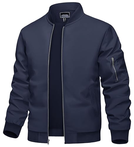 TACVASEN Männer Freizeitjacke Militär Baseballjacke Leichte Sportjacke Trainingsjacke Sportwear Bikerjacke mit Ärmeltaschen (L, Navy) von TACVASEN