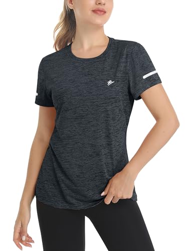 TACVASEN Funktionsshirt Damen Rundhals T-Shirts Sommer Leichte Sportshirts Laufshirts mit Reflektierender Streifen, Schwarz, L von TACVASEN