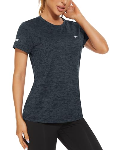 TACVASEN Funktionsshirt Damen Rundhals T-Shirts Sommer Leichte Sportshirts Laufshirts mit Reflektierender Streifen, Schwarz, XXL von TACVASEN