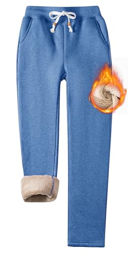 TACVASEN Gefütterte Jogginghose Damen Baumwolle Freizeithose Warme Thermohose Flauschige Jogger Sweathose für Training (L, Blau) von TACVASEN