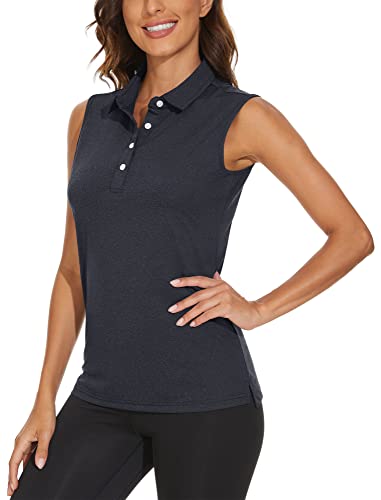 TACVASEN Golf Poloshirt Damen Sommer Tennis Shirt mit Polokragen Sport Tank Top Stretch Atmungsaktiv Polohemd, Schwarz, L von TACVASEN