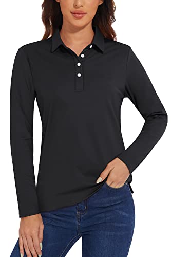 TACVASEN Golf Poloshirt Damen Sport Langarm UPF 50+ Atmungsaktiv Funktionsshirt Athletic Polo Langer Ärmel Laufshirt (M, Schwarz) von TACVASEN