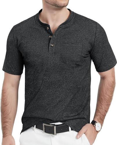 TACVASEN Henley T-Shirt Herren Classic Kurzarmshirt Atmungsaktiv Freizeitshirt Leicht Baumwolle Tshirt mit Brusttasche, Schwarz, XL von TACVASEN