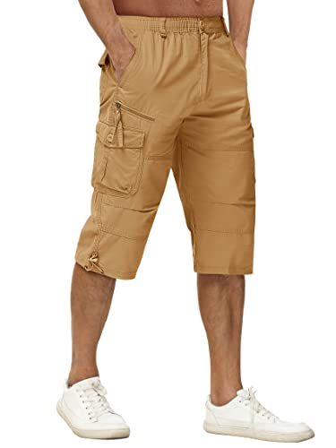 TACVASEN Herren 100% Baumwolle Casual Military Elastische Capri Cargo Kurze Hosen mit Multi Taschen, 32, Khaki von TACVASEN