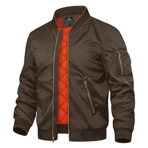 TACVASEN Herren Arbeitsjacke Piloten College Jacket Casual Bomberjacke Übergangs-Herbstjacke mit Zip Taschen (XXL, Kaffee) von TACVASEN