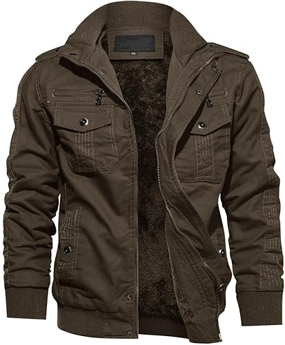 TACVASEN Herren Arbeitsjacke Winter Cotton Übergangsjacke Winddicht Bomberjacke Fleece Jacket (M, Kaffee) von TACVASEN