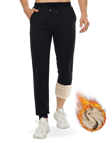 TACVASEN Herren Baumwolle Freizeithose Lässig Lang Hose Innenfleece Männer Sportswear Stretchbund Fleecehose Cool Wetter, Schwarz, 36 von TACVASEN