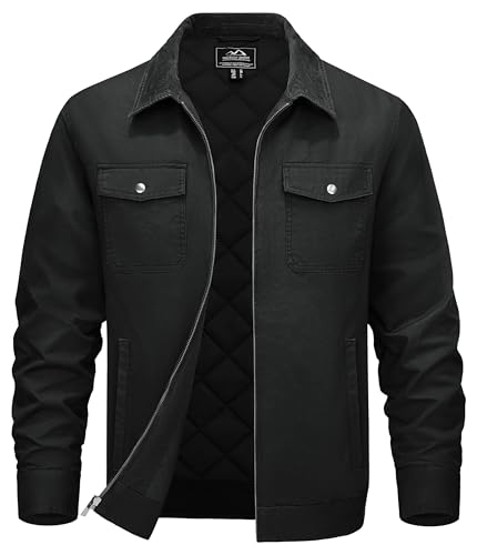 TACVASEN Herren Jacke Übergangsjacke mit Cordkragen Baumwolljacke Winter Jacket Freizeit Herbst Steppjacke Schwarz L von TACVASEN