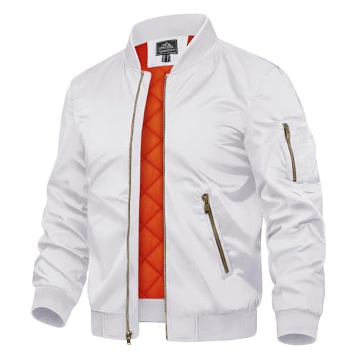 TACVASEN Herren Bomber Blouson Herbstjacke Warme Jacke Sportjacke Freizeit Outdoor Casual Laufjacke Full Zip (XL, weiß) von TACVASEN