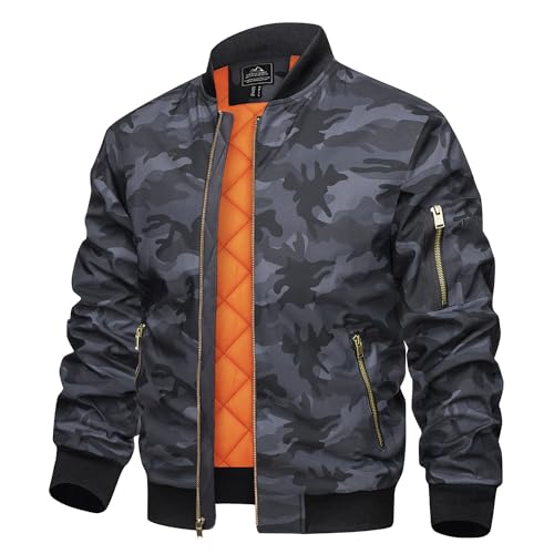 TACVASEN Herren Bomberjacke Übergangsjacke Sportjacke Fahrrad Windbreaker Camouflage Frühlingsjacke mit Taschen (L, Schwarz Camo) von TACVASEN