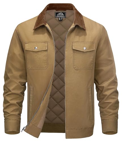 TACVASEN Herren Hemdjacke Warme Winterjacke mit Brusttaschen Übergangs Trucker Jacke Blouson Freizeit Herbst Khaki 2XL von TACVASEN