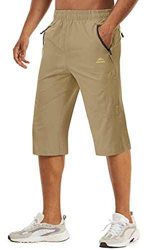 TACVASEN Herren Kurze Cargohose 3/4 Schnelltrocknende Shorts Wanderhose mit Reißverschlusstasche, Khaki, 40 von TACVASEN