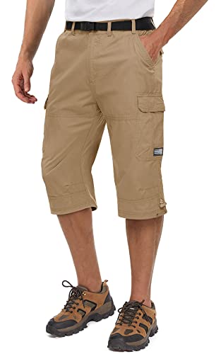 TACVASEN Herren Caprihose Bermuda Shorts Herrenshorts Cotton Mens Cargo Pants Casual Urlaub Hose mit Taschen, Khaki von TACVASEN