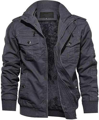 TACVASEN Herren Military Herbstjacke Fliegerjacke Winter Warme Fleecejacke Übergangsjacke Cargo Arbeiten Jacket (L, Grau) von TACVASEN