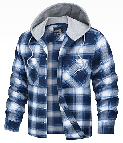 TACVASEN Herren Checked Hemd Jacke Langarm Holzfällerhemd Flanelljacke Plaid Shirts Karohemd mit Kapuze (Blau Weiß, 3XL) von TACVASEN