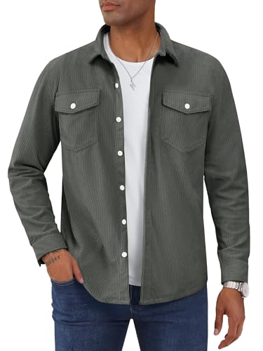 TACVASEN Herren Cordhemd Outdoor Hemd Langarm Frühlingsjacke Button Up Hemdjacke mit Klappentasche (Darkgrey,S) von TACVASEN