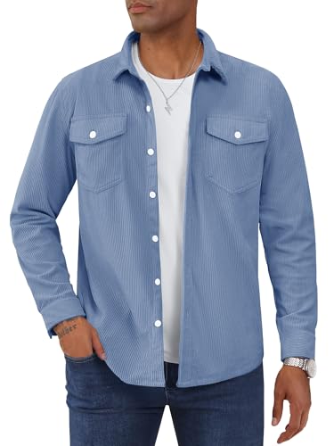 TACVASEN Herren Cord Hemd Langarm Hemdjacke Knopfverschluss Freizeithemd Ubergangs Jacke Winter (Hellblau,L) von TACVASEN