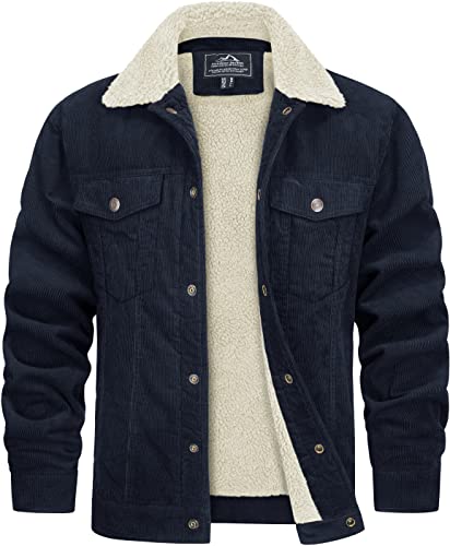 TACVASEN Herren Corduroy Herrenjacke Winterjacke Übergangsjacke Sherpa Trucker Jacke mit Teddyfell, Navy, M von TACVASEN