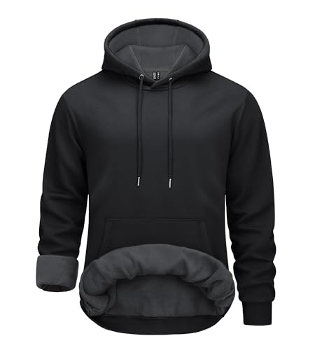 TACVASEN Herren Fleece Hoodie Kapuzen-Sweatshirt Hooded Langarm Kapuzenpullover Känguru-Tasche Pullover Kapuzensweatshirt (L, Schwarz) von TACVASEN