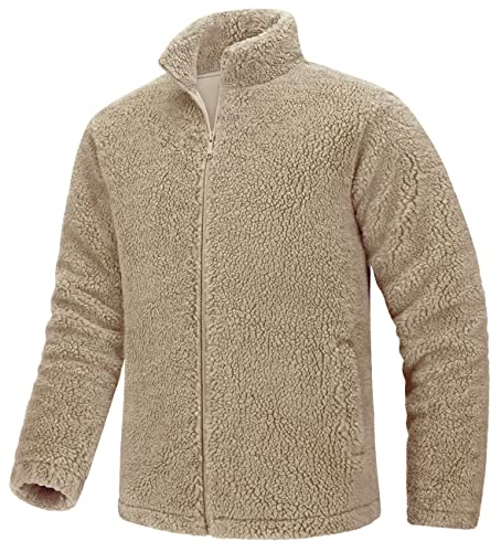 TACVASEN Herren Fleece Jacke Polarfleece Gefüttert Winterjacke Plüsch Warme Fleecejacke Männer Outdoor Wander (S, Khaki) von TACVASEN