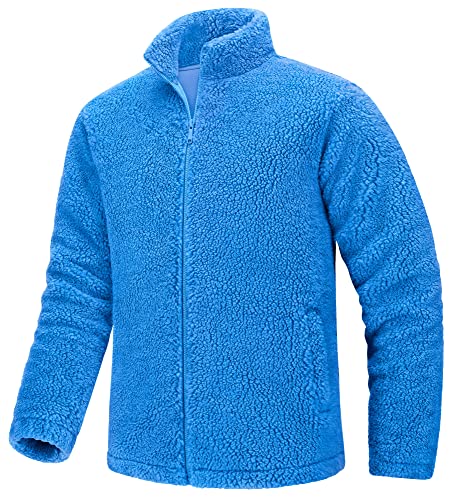 TACVASEN Herren Fleece Jacke Warme Winterjacke Plüschjacke mit TeddyFleece Dicke Outdoor Sherpa Full Zip (XL, Azurblau) von TACVASEN